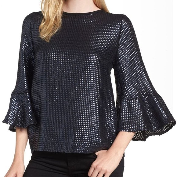 Trouve Tops - Trouve Women's Sequin 3/4 Bell Sleeve Blouse Navy XS